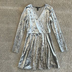 Forever 21 Long Sleeved Silver Crushed Velvet Wrap Skater Dress